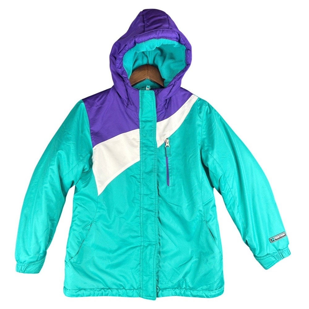 Mountain Xpedition Kids Medium 7-8 Teal Purple Colorblock Hooded Ski Jacket